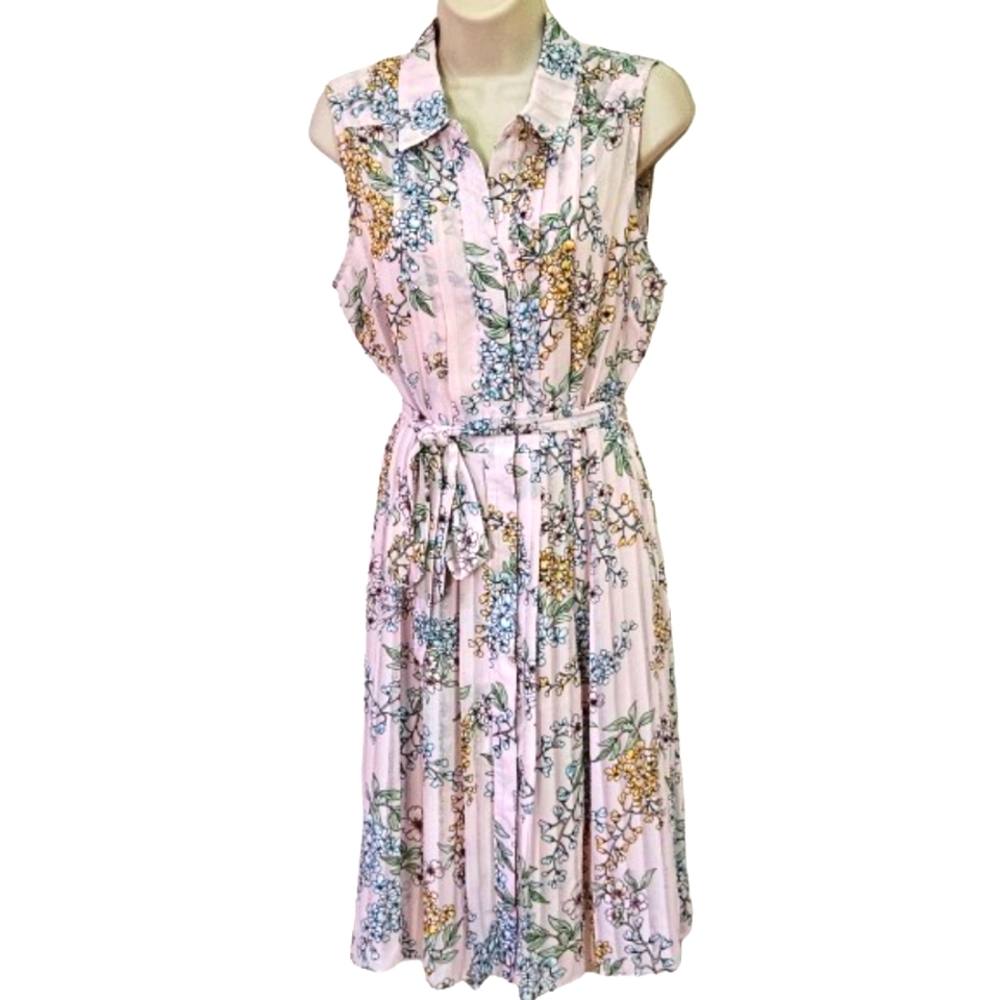 Nanette Lepore Pink/Green Multi-Color Floral Pleated Sleeveless Dress,Size 10
